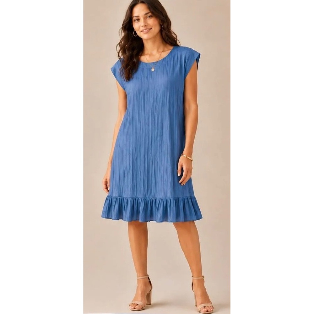 Maeve by Anthropologie Blue Crinkle Ruffle Hem Shift Dress XL Cap Sleeve Office